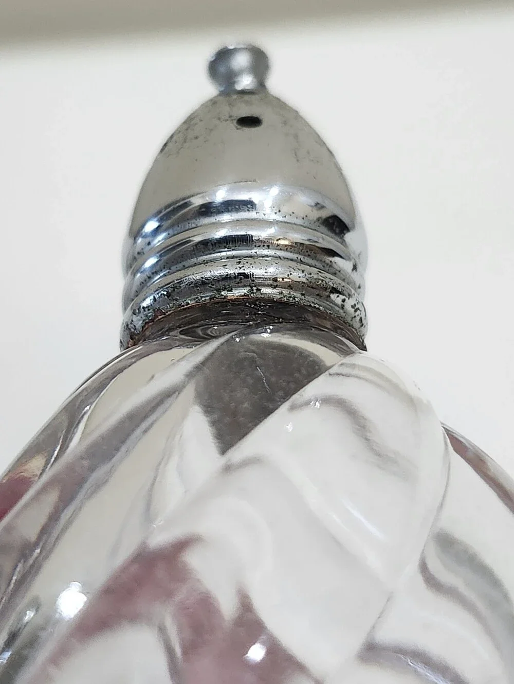 Vintage Glass Salt and Pepper Shakers With Chrome Tops Swirl Design Glossy MCM